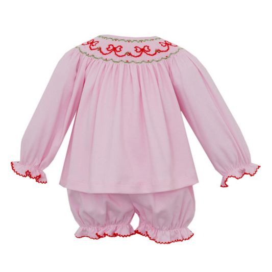 Pink Knit Holiday Bows Smocked Bloomer Set