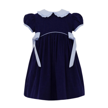 Navy Corduroy Dress with Gingham Side Bows