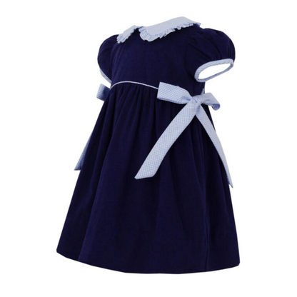 Navy Corduroy Dress with Gingham Side Bows