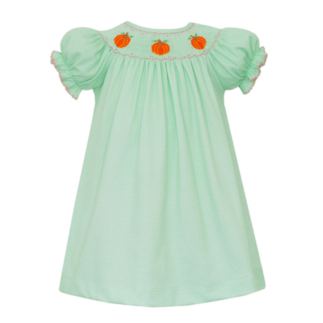 Green Check Bishop Dress with Pumpkins