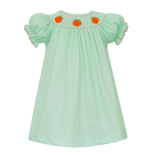 Green Check Bishop Dress with Pumpkins