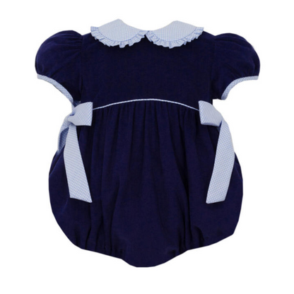 Navy Corduroy Bubble with Gingham Side Bows