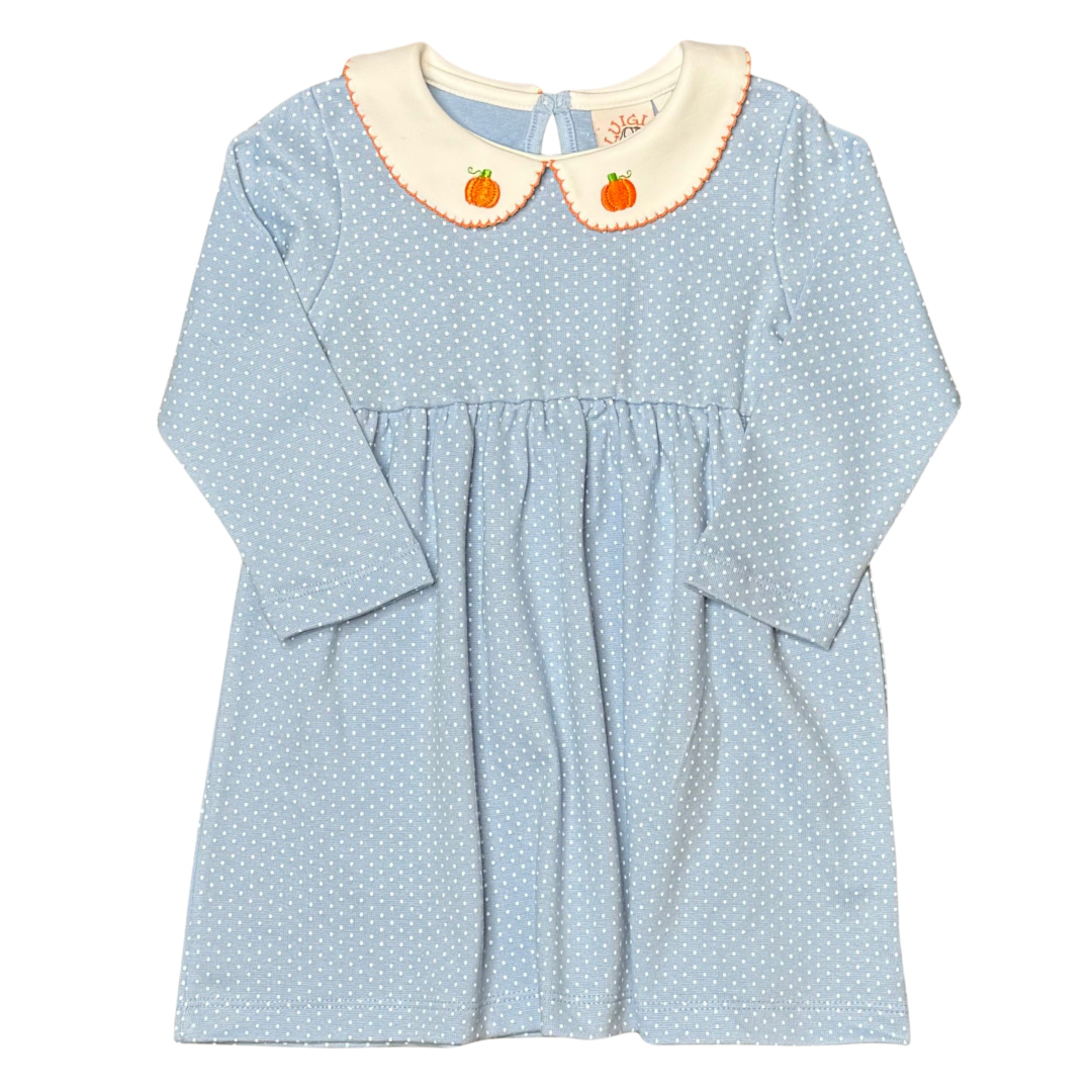 Blue Dot Dress with Pumpkin Embroidered Collar