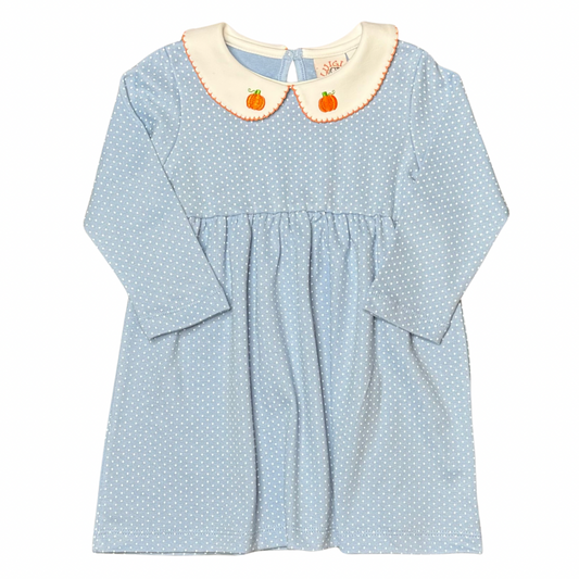 Blue Dot Dress with Pumpkin Embroidered Collar