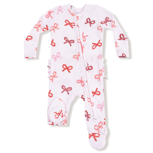 Candy Cane Bows - 2 Way Zipper Ruffle Back Footie