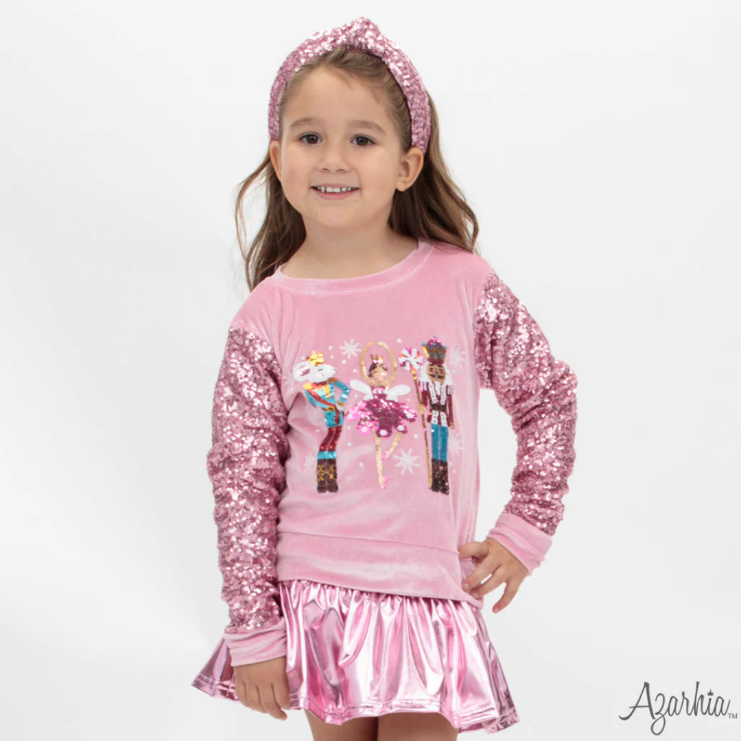 Pink Velvet Sweatshirt with Nutcracker Sequins