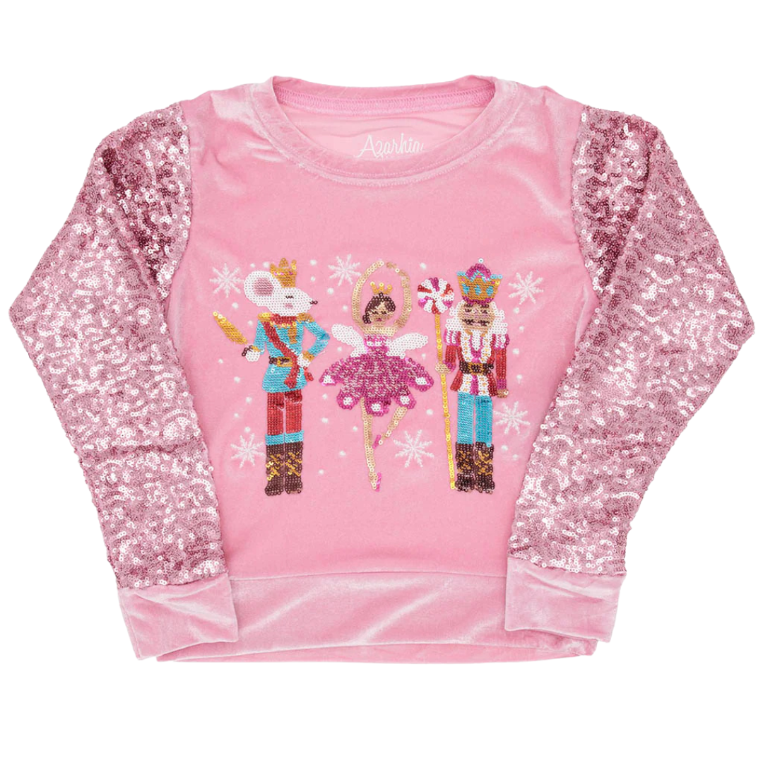 Pink Velvet Sweatshirt with Nutcracker Sequins