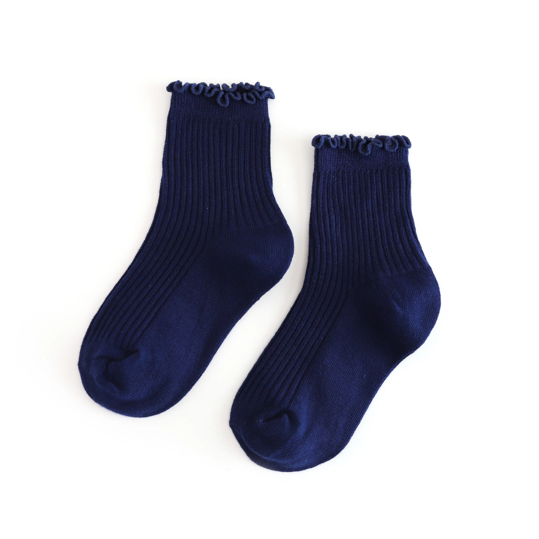 Ribbed Lettuce Trim Midi Socks - Navy