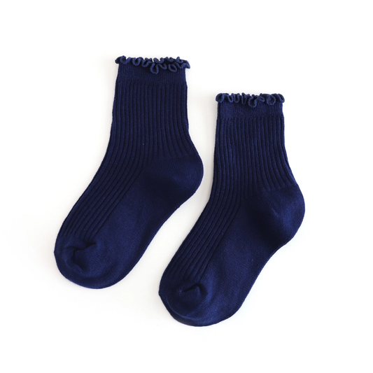 Ribbed Lettuce Trim Midi Socks - Navy
