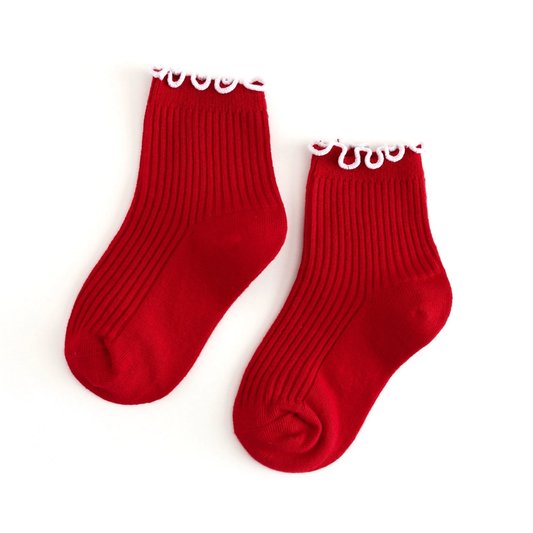 Ribbed Lettuce Trim Midi Socks - Red