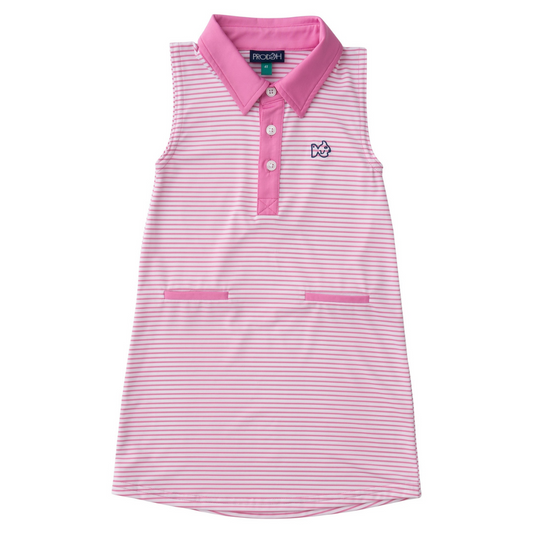 *PRE-ORDER* Sleeveless Pro Performance Polo Dress - Fuchsia Pink Stripe